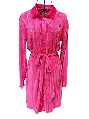 NWT MAX+ASH Vibrant Hot Pink Pleated Tie Shirt Dress size Medium